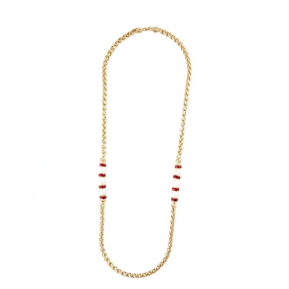 CHRISTIAN DIOR VINTAGE PEARL & ENAMEL GOLD CHAIN NECKLACE - Picture 7 of 8